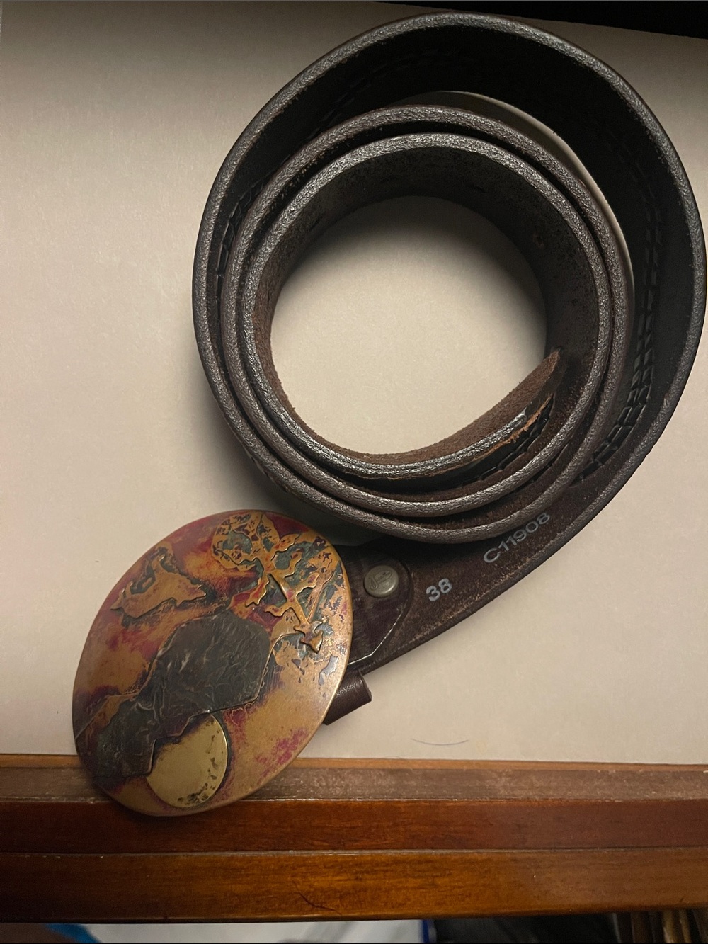 Men's 38 waist Brown-thick Leather Belt with Decorative Metal Buckle-Justin